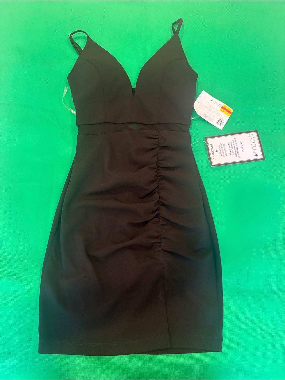 Emerald Sundae Black Ruched Mini Dress with V-Neck